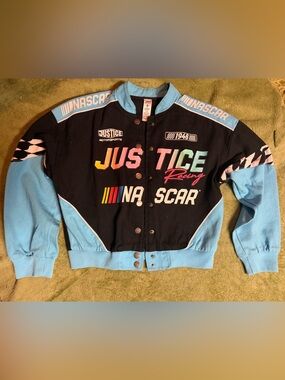 Justice Nascar Racing Jacket sz 10 Like New Tween Bomber Coat Girls Trendy Colab
